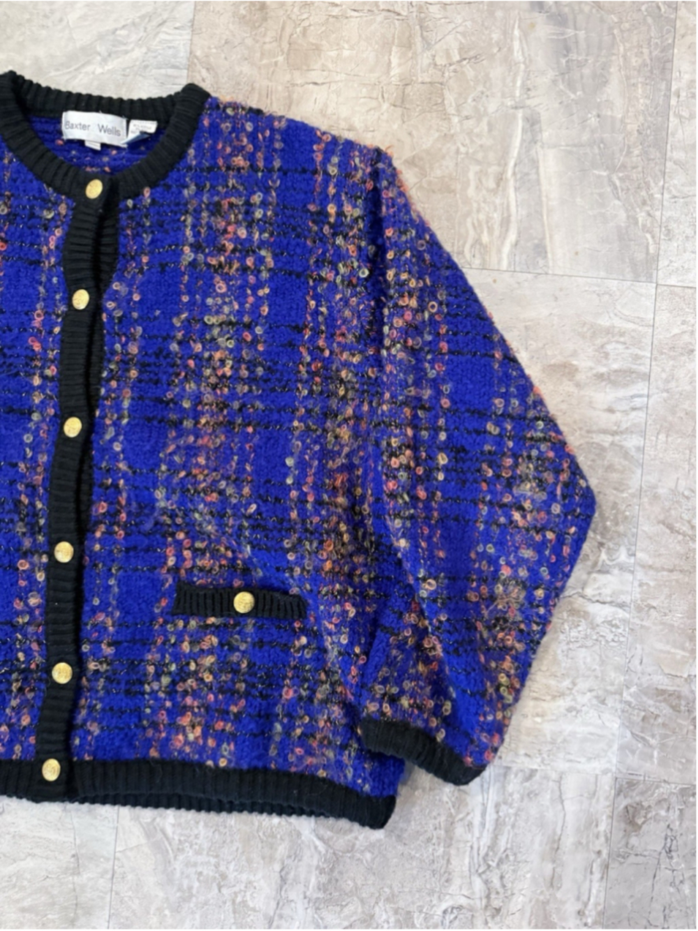 VTG Baxter & Wells Tweed Glitter Cardigan Sweater Gold Button XL Preppy Chic